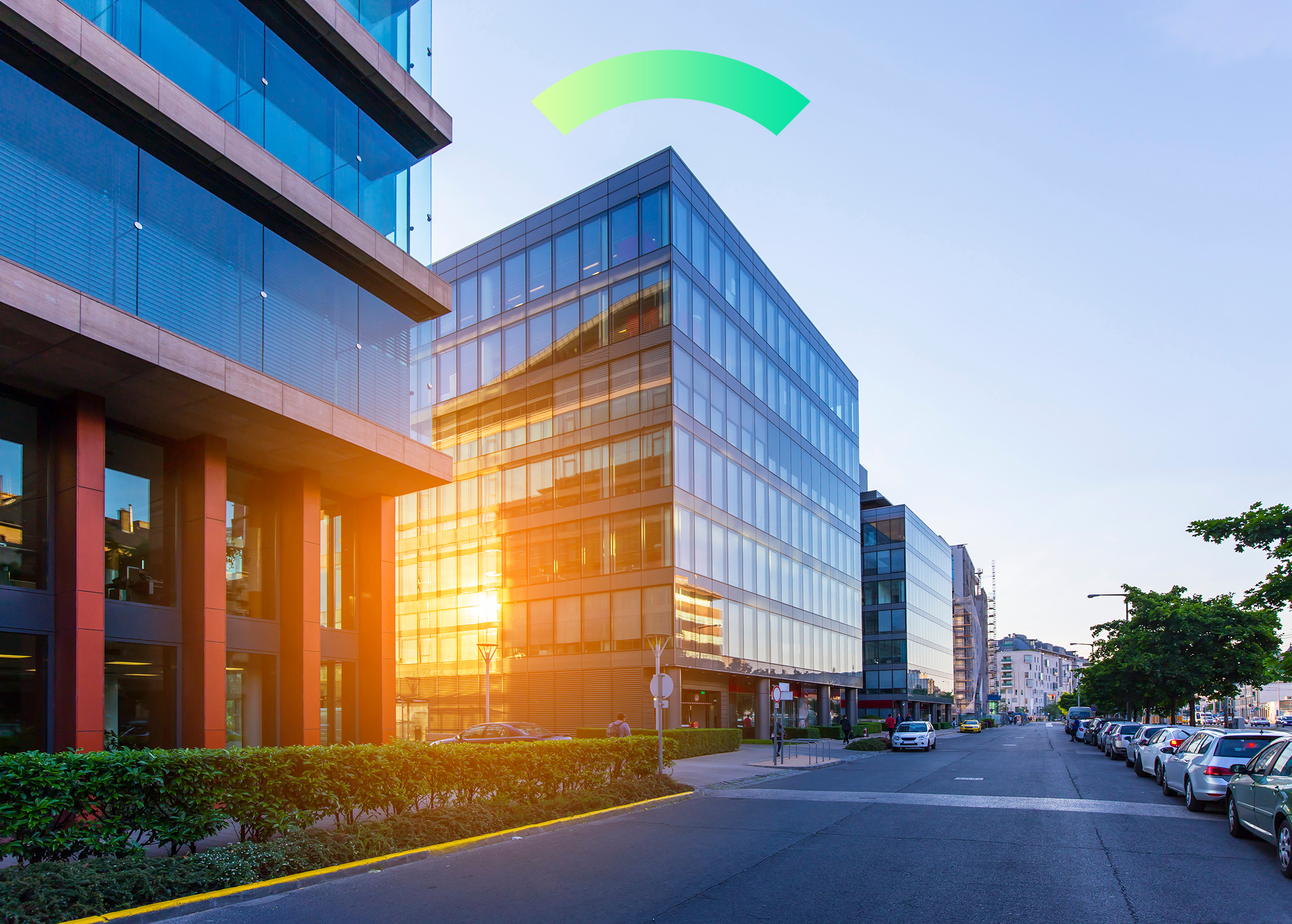 An office building at sunset. It's Covered.