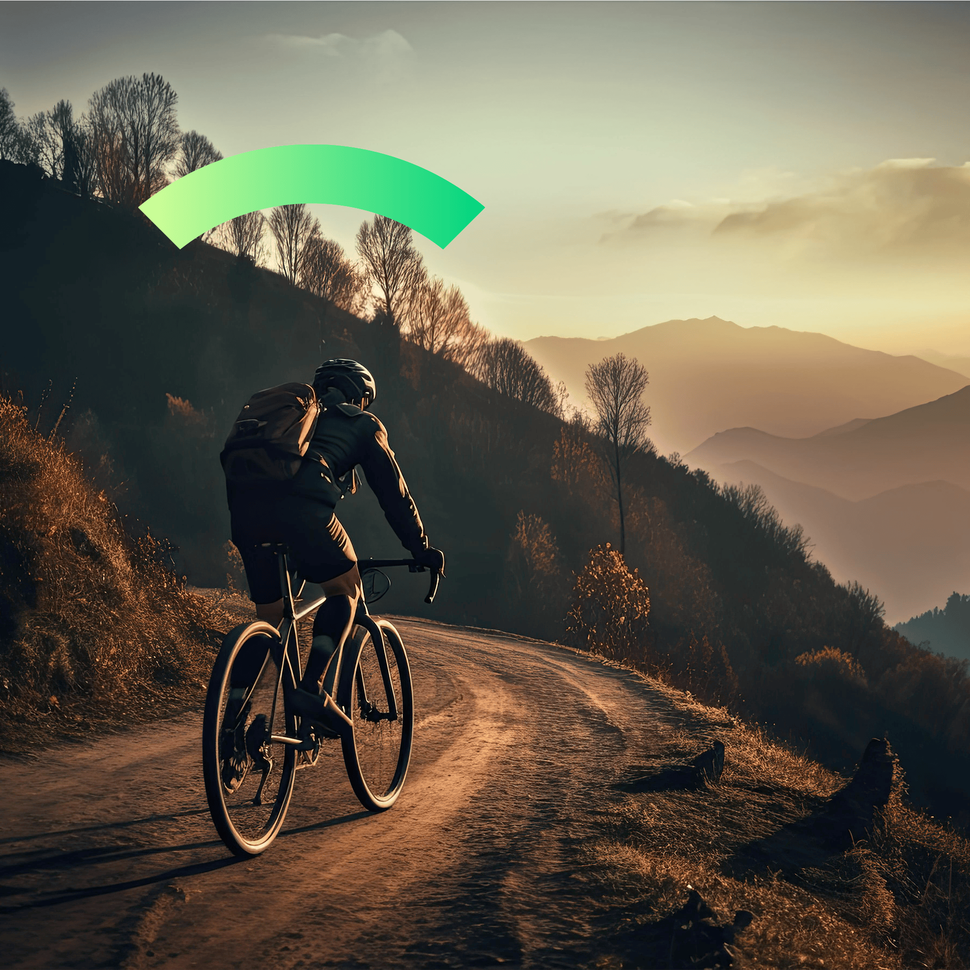 A man riding a bike traverses a mountainous scene. He's Covered.