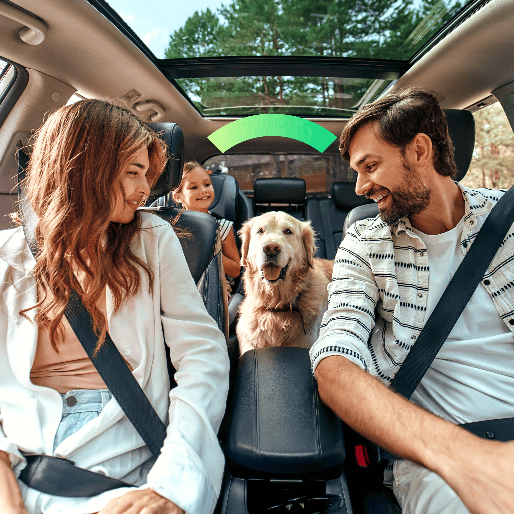 A family, mom, dad, daughter, and dog ride in a car with the sun roof open. They're Covered.